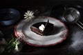 Plate with slice of tasty homemade chocolate cake on table Royalty Free Stock Photo