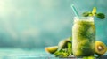 Refreshing kiwi smoothie in a mason jar with chia seeds and mint on a blue background