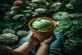 Pistachio ice cream in a waffle cone against the background of a lush green garden - generative AI Royalty Free Stock Photo