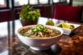 Savor the Aroma of Beef Pho Soup with Fresh Toppings Royalty Free Stock Photo