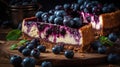 A mouthwatering blueberry cheesecake with a graham cracker crust created with Generative AI