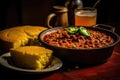 Indulge in the satisfying combination of flavorful chili, golden cornbread, and a refreshing glass of beer, A piping hot pot of