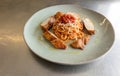 Spaghetti with Tomato Sauce and Sliced Roast Chicken Breast Royalty Free Stock Photo