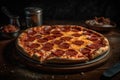 Pepperoni pizza with salami and mozzarella cheese in a frying pan on a dark background Ai Generative
