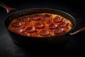 Pepperoni pizza with salami and mozzarella cheese in a frying pan on a dark background Ai Generative