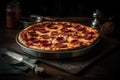 Pepperoni pizza with salami and mozzarella cheese in a frying pan on a dark background Ai Generative