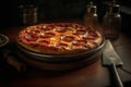 Pepperoni pizza with salami and mozzarella cheese in a frying pan on a dark background Ai Generative