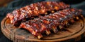 succulent grilled pork ribs on rustic wooden plate, Generative AI Royalty Free Stock Photo