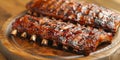 succulent grilled pork ribs on rustic wooden plate, Generative AI Royalty Free Stock Photo