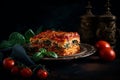 Ai Generative Spinach lasagna on a dark background. Italian cuisine