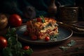 Ai Generative Spinach lasagna on a dark background. Italian cuisine