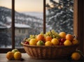 basket of fruits against the background of a window with a winter view. Ai generated