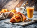 A Luxurious Morning Start Delicate Croissant Aromatic Cappuccino and Zesty Orange Juice on a Polished Marble Surface