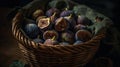 A basket of soft and delicate figs great for baking or serving with cheese created with Generative AI