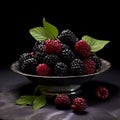 Luscious Blackberries on a Plate Glistening Fruits against a Black Background. Generative Ai Royalty Free Stock Photo