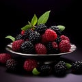 Luscious Blackberries on a Plate Glistening Fruits against a Black Background. Generative Ai Royalty Free Stock Photo