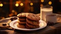 Twilight Treats: Stacked Chocolate Chip Cookies on Wooden Table