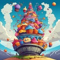 Whimsical illustration of a grand cupcake tower