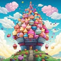 Whimsical illustration of a grand cupcake tower