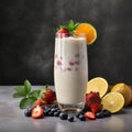 Tall glass of creamy and frothy drink with fresh fruits and vegetables on a table