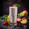 Tall glass of creamy and frothy drink with fresh fruits and vegetables on a table