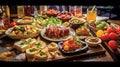 Buffet table with vegetables, meat, juice and healthy food