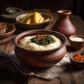 Warm and hearty bowl of Malawi& x27;s Nsima with meat and vegetables