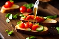 Tasty italian bruschetta with tomato, garlic, olive oil and basil and other spices