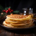 Indulge in the texture of thin pancakes on a rustic plate