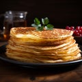 Indulge in the texture of thin pancakes on a rustic plate