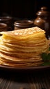 Indulge in the texture of thin pancakes on a rustic plate