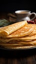 Indulge in the texture of thin pancakes on a rustic plate