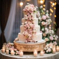 Multi-tiered wedding cake with vintage charm and intricate detailing