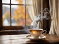 Indulge in Tranquility The Serene Beauty of a Steaming Cup of Tea Amidst Windowlight Royalty Free Stock Photo