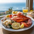 Sumptuous Seafood Platter with Lobster Tails and Crab Legs on White Plate with Blue Ocean Background