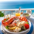 Sumptuous Seafood Platter with Lobster Tails and Crab Legs on White Plate with Blue Ocean Background