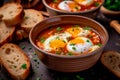 Garlic Lover\'s Delight: Sopa de Ajo, a Wholesome Soup Infused with Bread, Paprika, and Poached Eggs Royalty Free Stock Photo