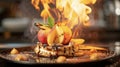 Indulge in a unique twist on traditional dessert with a selection of delectable charred treats. Vibrant fruits such as