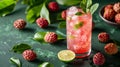 Refreshing lychee cocktail with lime and basil on a green background