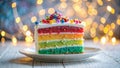 Vibrant Rainbow Layer Cake with Whipped Cream and Sprinkles A Celebration in Every Bite Royalty Free Stock Photo