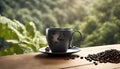 An AI-generated hot coffee cup, adorned with organic coffee beans, rests on a wooden table against the backdrop of lush