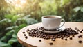 An AI-generated hot coffee cup, adorned with organic coffee beans, rests on a wooden table against the backdrop of lush