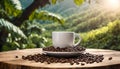 An AI-generated hot coffee cup, adorned with organic coffee beans, rests on a wooden table against the backdrop of lush