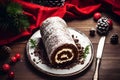 Top-View Christmas Desserts: Swiss Roll Cake on Table.GenerativeAI.