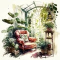 Plant Paradise: Inside the Watercolor Floral Greenhouse AI Generated