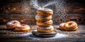 A Stacked Symphony of Sweetness SugarDusted Donuts in a Cozy Bakery Perfect for Dessert Photography and Sweet Treat Royalty Free Stock Photo