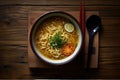 Scrumptious Freshly Prepared Ramen Soup on Wooden Table Top-Down View