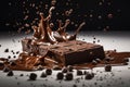 Ai Generative Chocolate bar with chocolate pieces falling and splashing on dark background