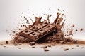 Ai Generative Chocolate bar with chocolate pieces falling and splashing on dark background
