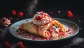 Indulgent celebration gourmet pancakes with fruity sauce generated by AI
